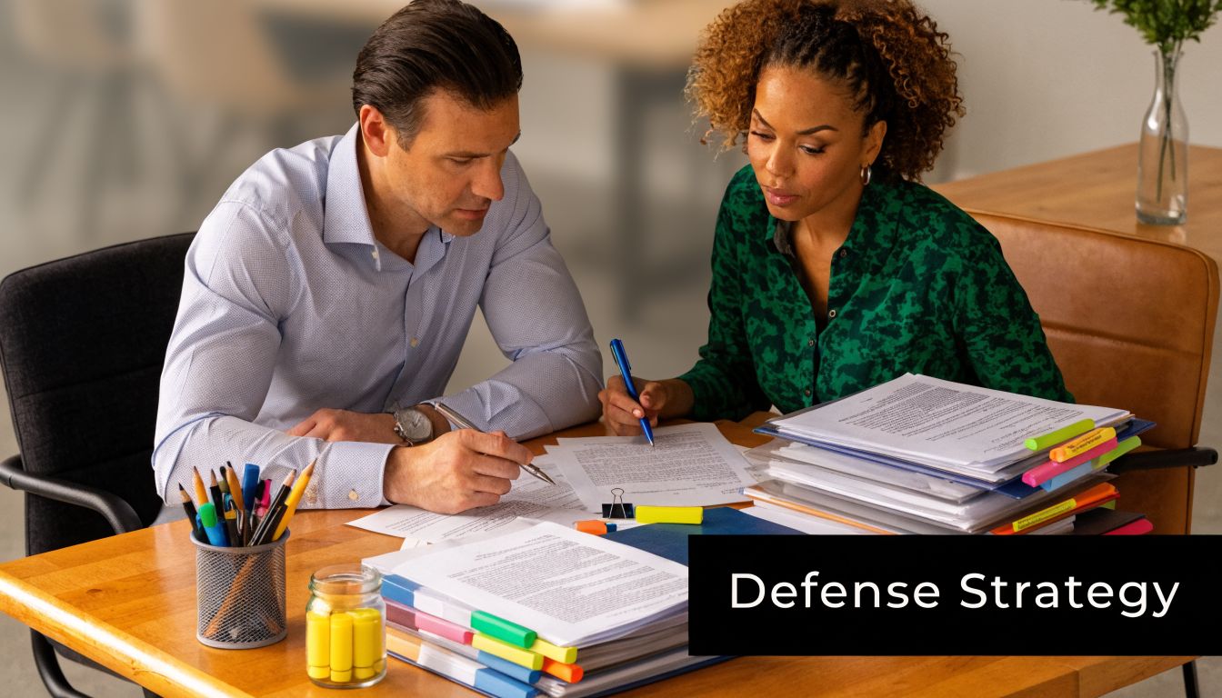 A professional man and woman review legal documents together while sitting at a desk in an office.