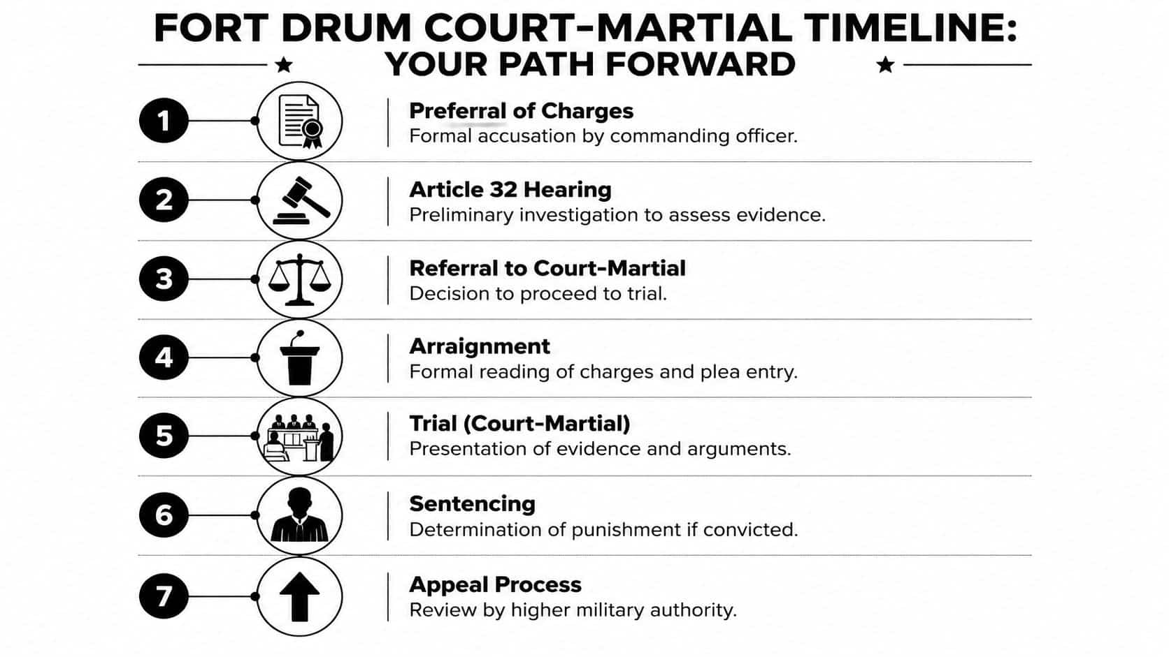 A seven-step infographic detailing the legal timeline of a Fort Drum military court-martial process.