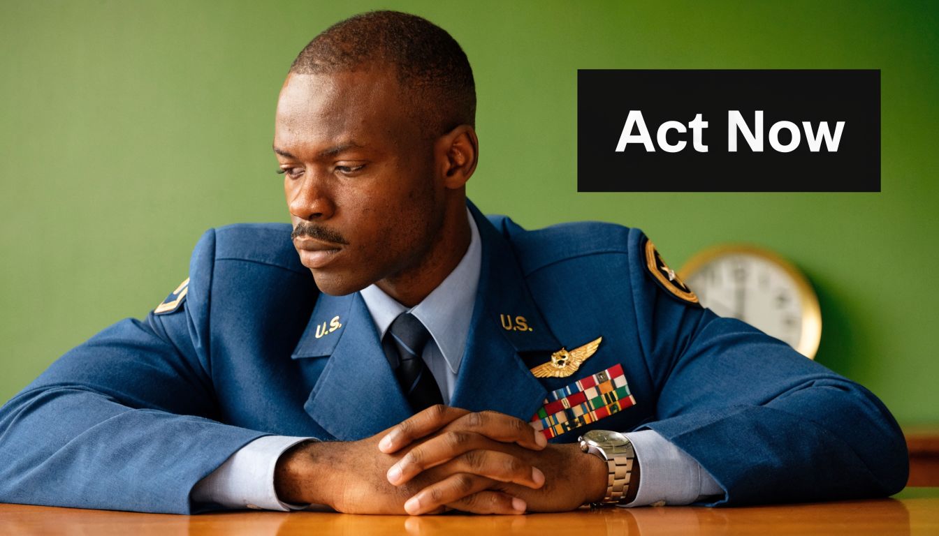 A contemplative military officer in uniform sits at a desk with a serious expression, reflecting deeply.