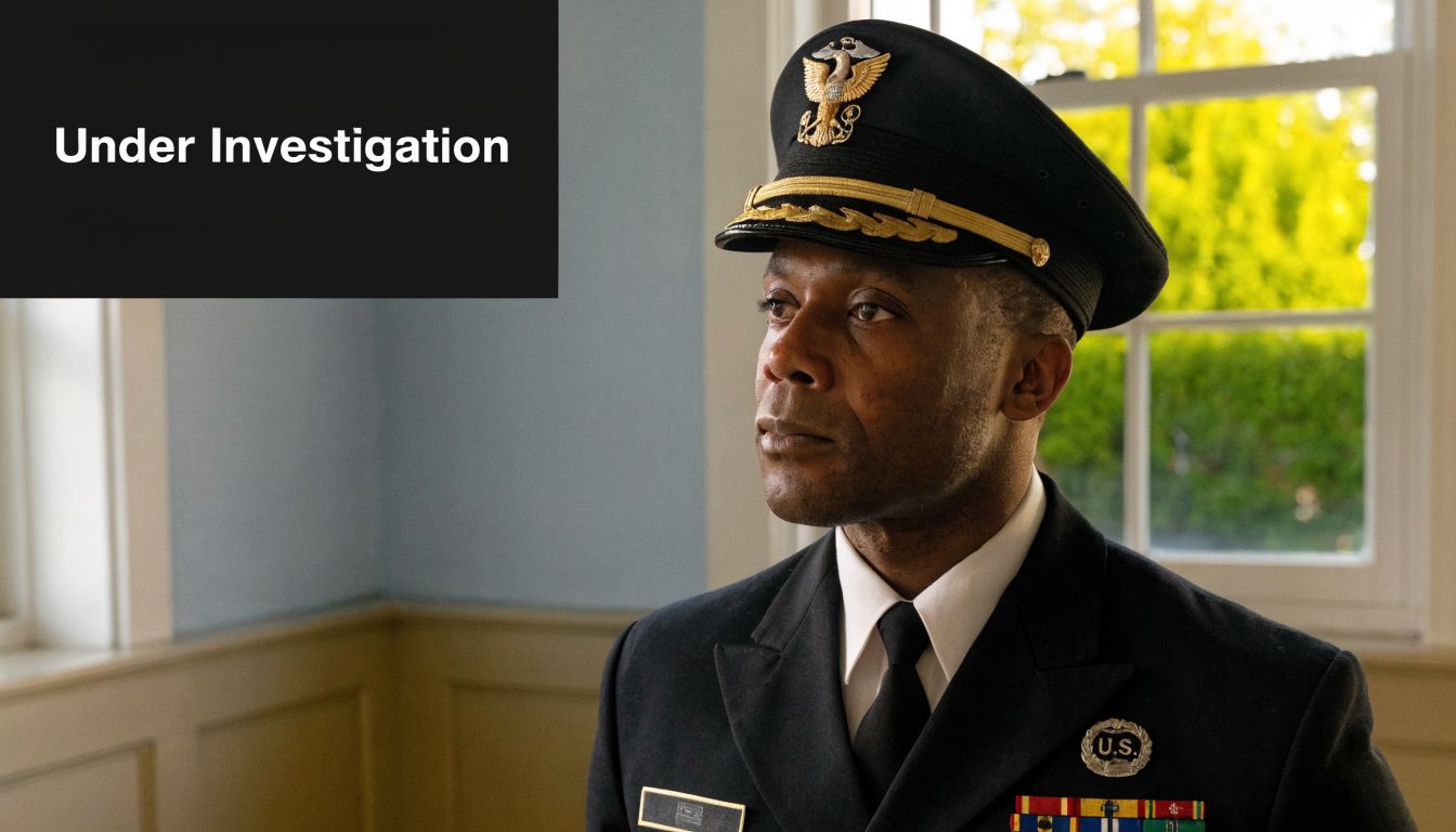 A United States Navy officer in uniform stands in a room during an official investigation process.