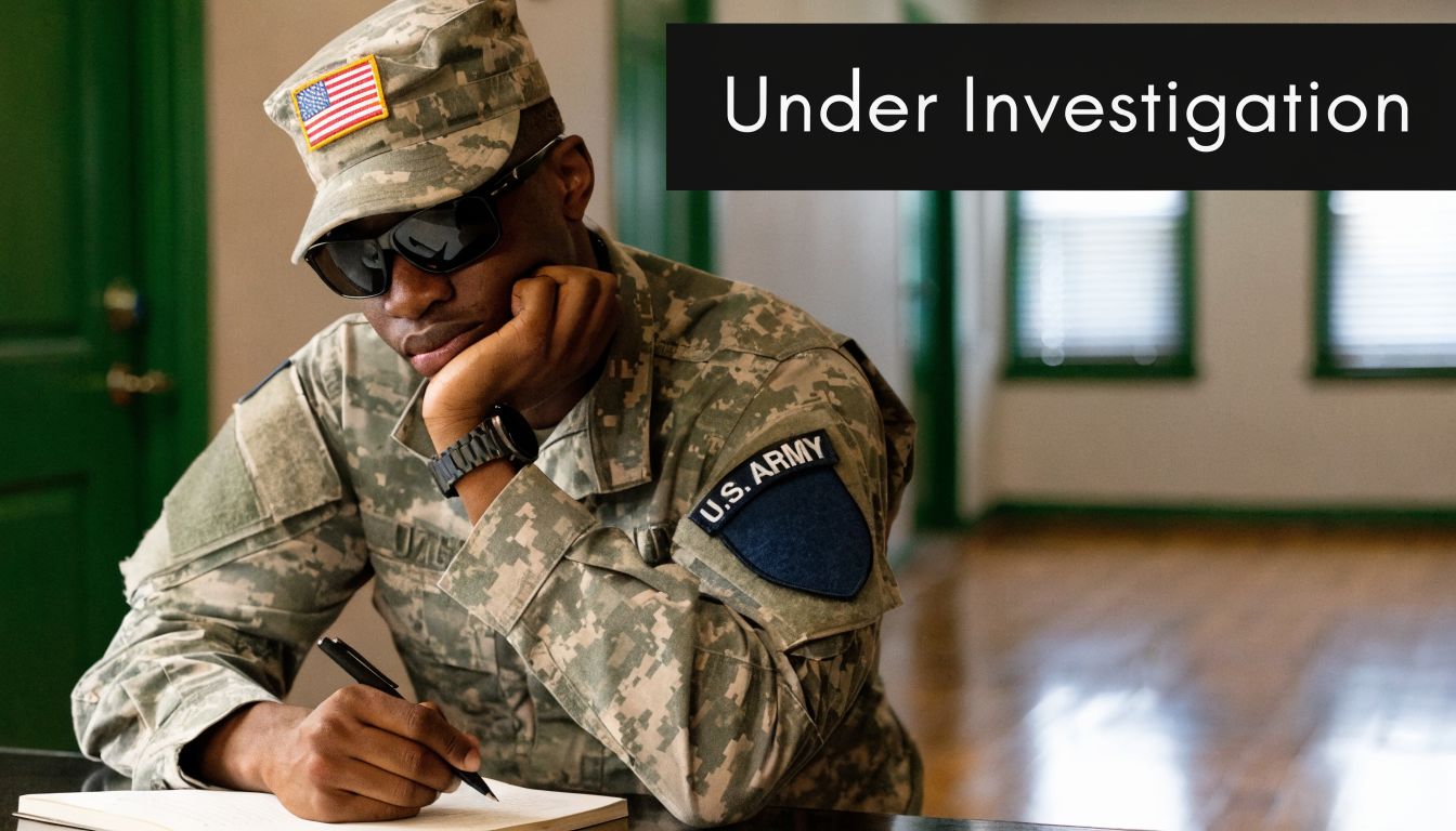 A United States Army soldier in uniform and sunglasses writing in a notepad while under investigation.