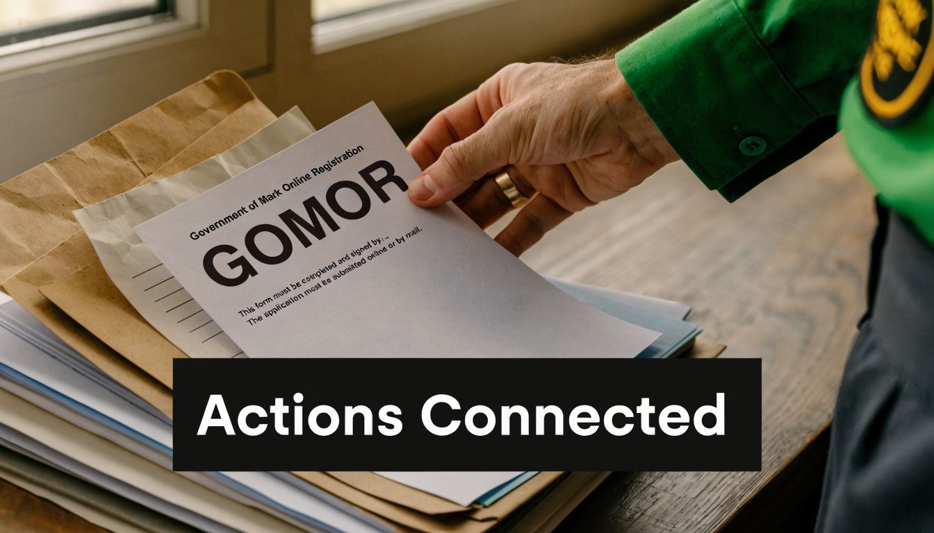 A hand holds a Government of Mark Online Registration GOMOR form while sorting through legal paperwork.