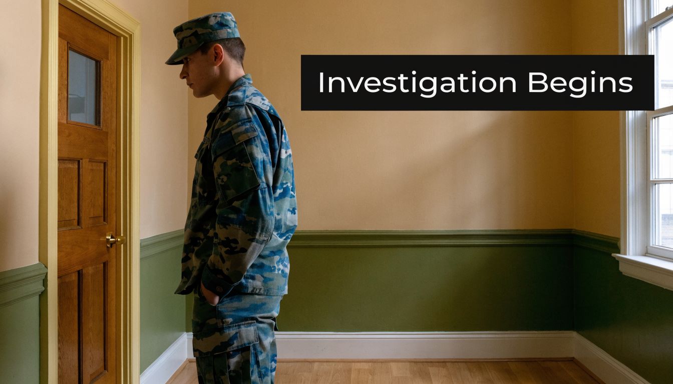 A soldier in uniform stands in front of a closed wooden door in a room.
