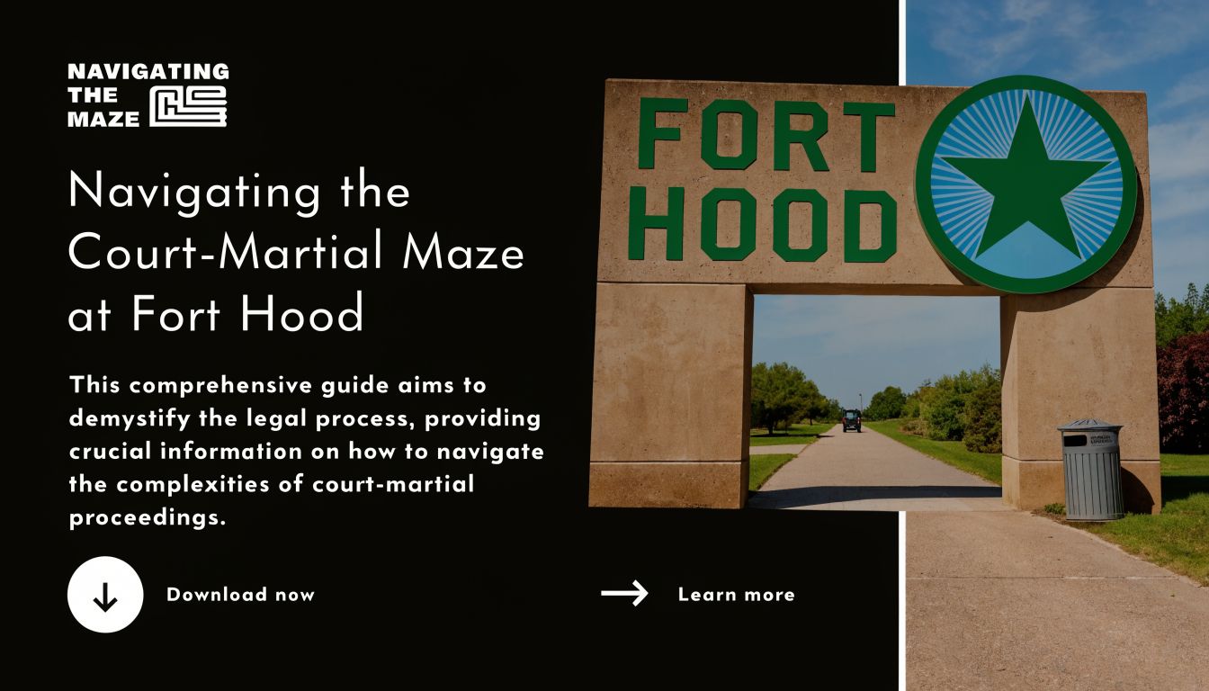 A digital graphic guide titled Navigating the Court-Martial Maze at Fort Hood, featuring a military entrance sign.