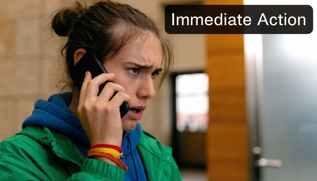 A concerned young person in a green jacket talking urgently on a smartphone in a hallway.