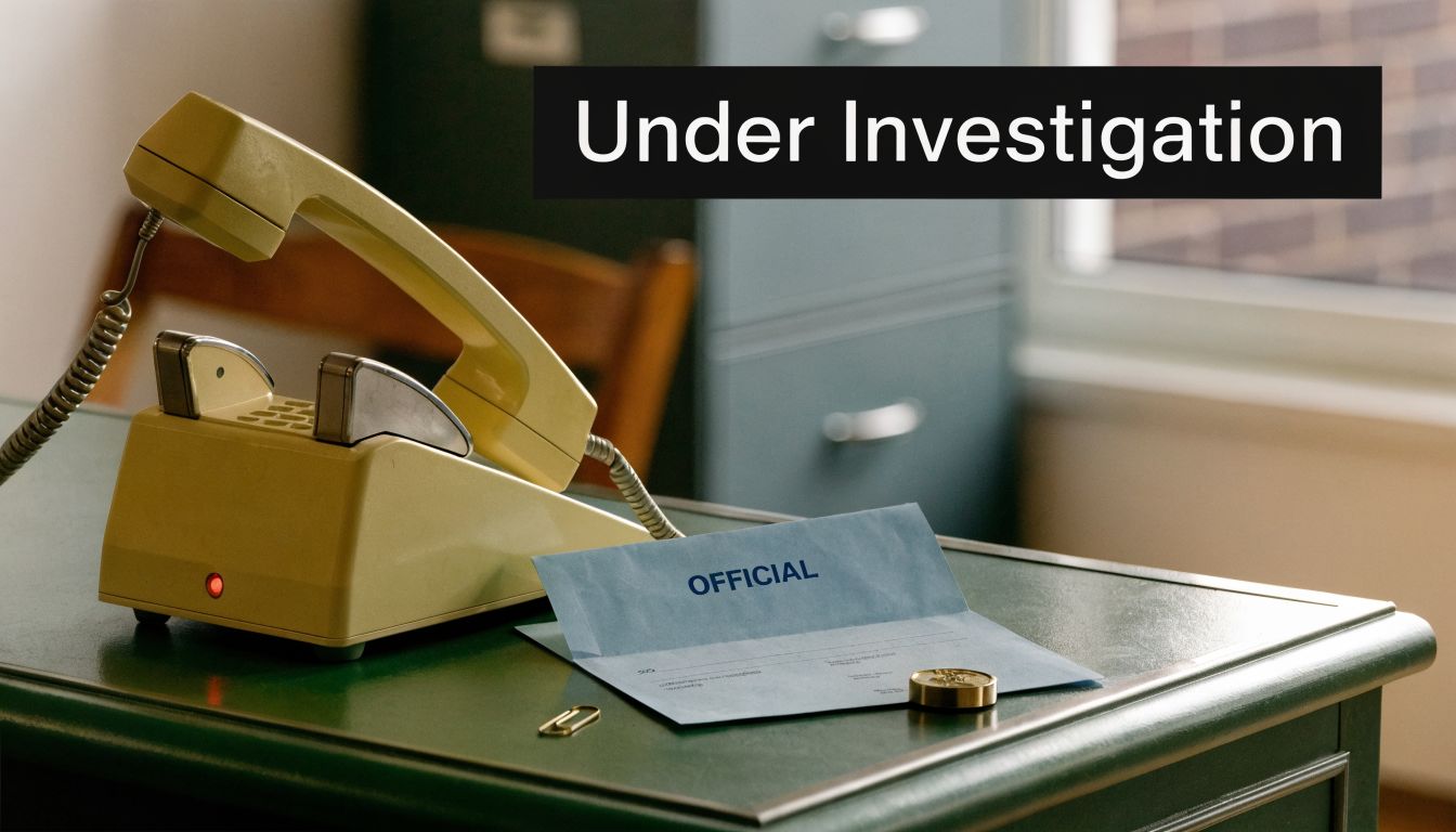A vintage telephone sits on a desk next to an official document, suggesting an ongoing legal investigation.