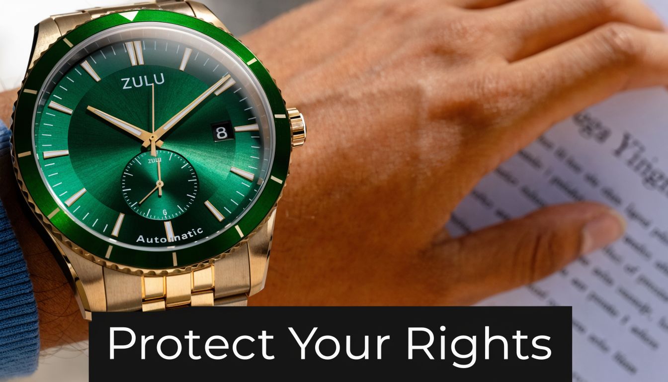 A close-up of a gold Zulu automatic watch on a person's wrist near legal documents.