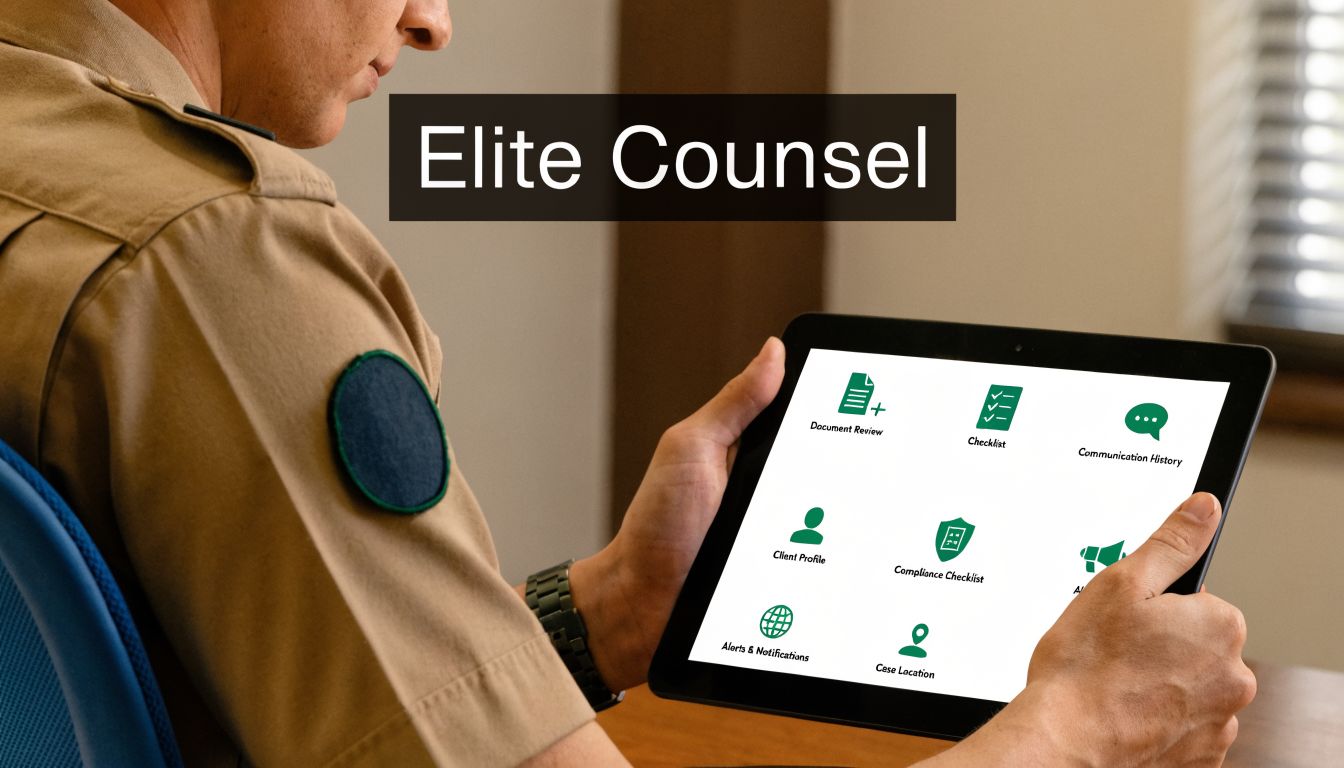 A professional in a military-style uniform holding a tablet with a digital menu for legal services.
