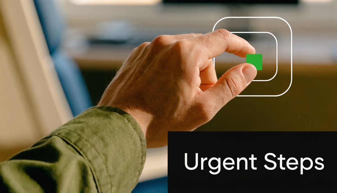 A close-up view of a person's hand pressing a virtual button for urgent legal steps.