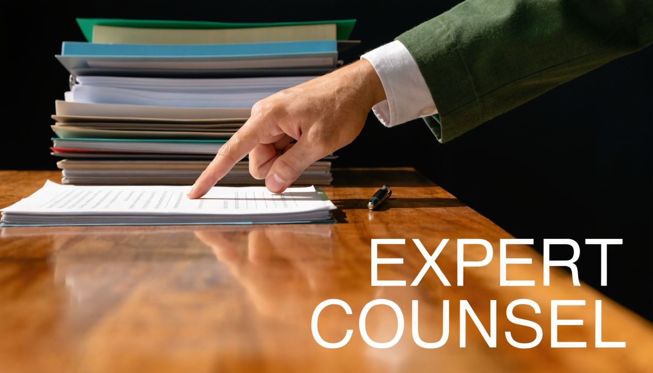 A professional lawyer points at a legal document on a desk next to a large stack of files.