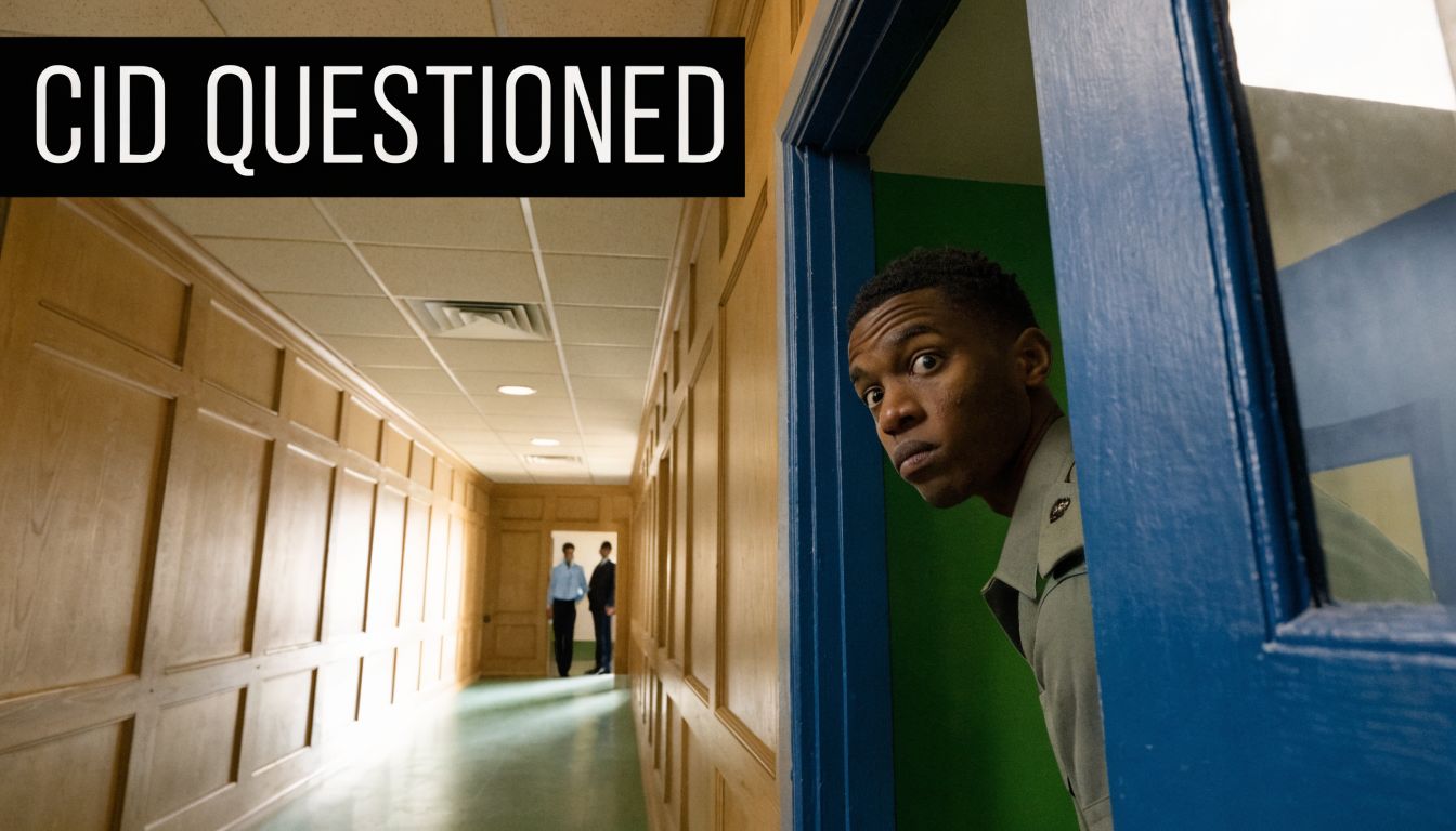 A soldier peeking from a doorway into a long, wood-paneled hallway where two men are standing.
