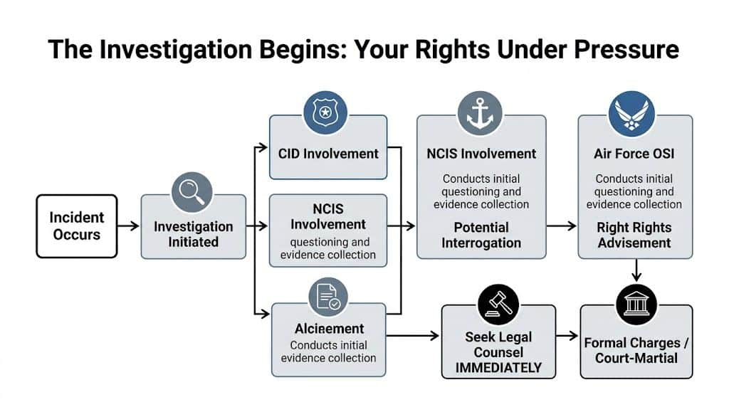 Germany Court Martial Defense Lawyers Your UCMJ Guide 2 A flow chart illustrating the step-by-step military investigation process and when to seek legal counsel.