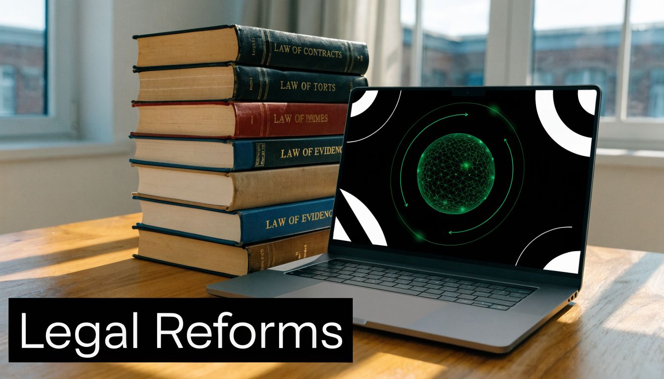 A stack of law books next to a laptop displaying a digital globe on a wooden table.