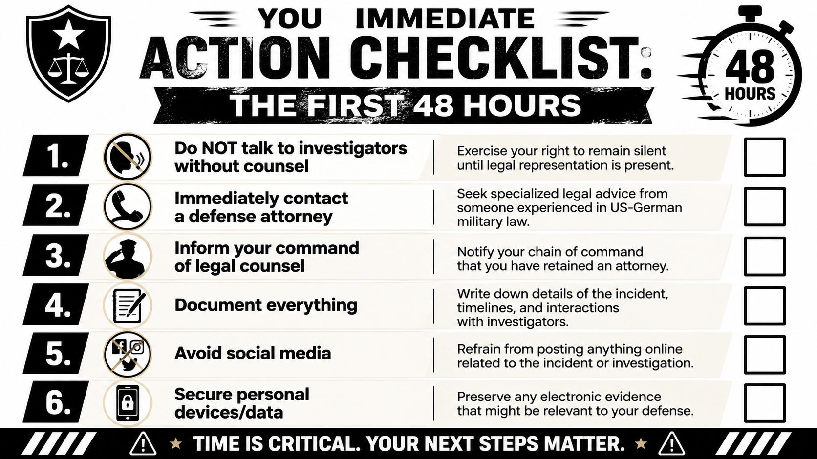 Germany Court Martial Defense Lawyers Your UCMJ Guide 3 A checklist for legal action in the first 48 hours for military personnel in Germany.