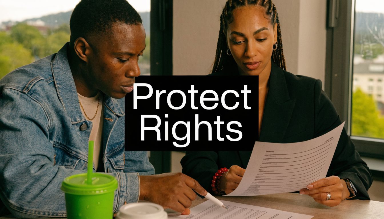 A professional man and woman review legal documents together to protect their legal rights.