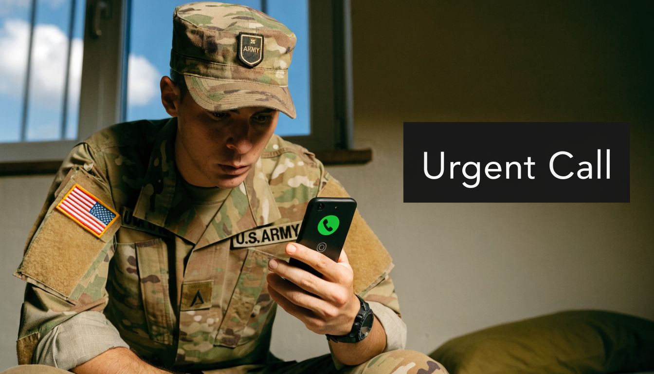 A soldier in uniform looking concerned while holding a smartphone with an incoming call displayed on screen.