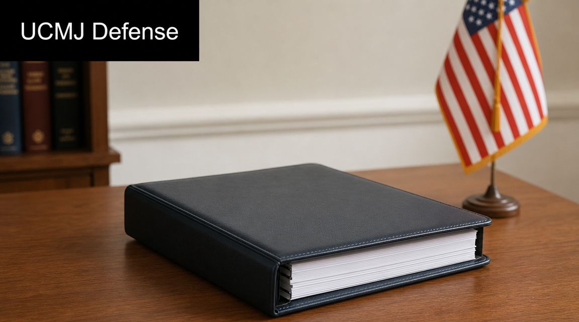 Military Defense Lawyers Naval Base Ventura County CA 3 A leather binder sits on a wooden desk near a miniature American flag in a courtroom office.