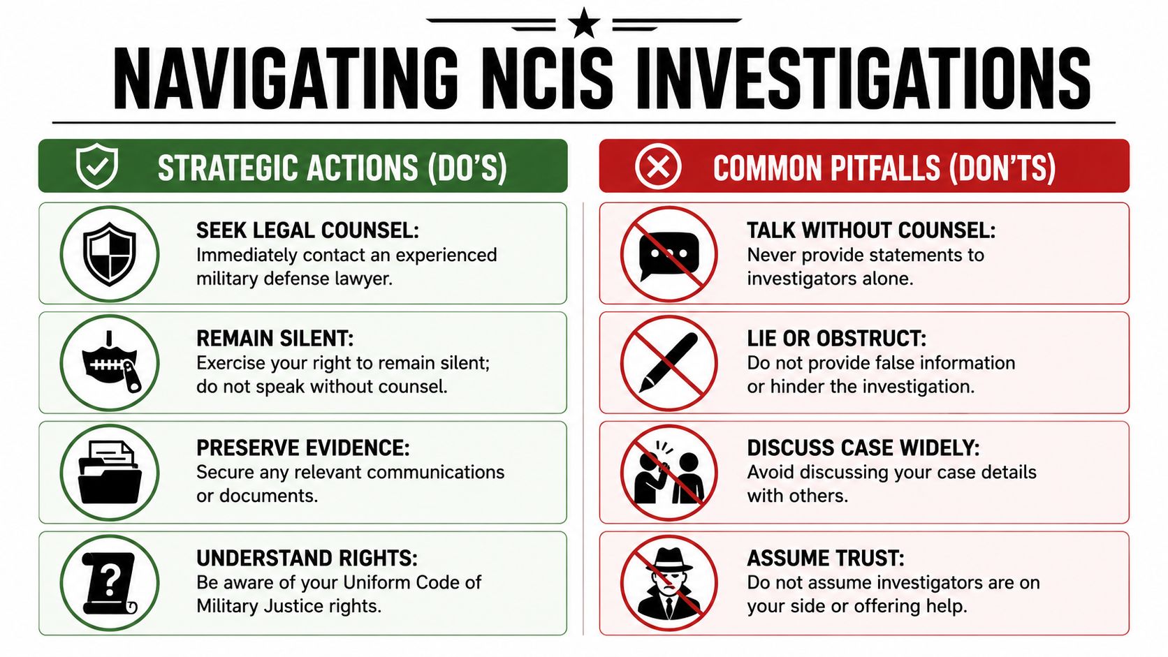 Military Defense Lawyers Naval Base Ventura County CA 2 A guide for navigating NCIS investigations, outlining important legal dos and common pitfalls for military personnel.