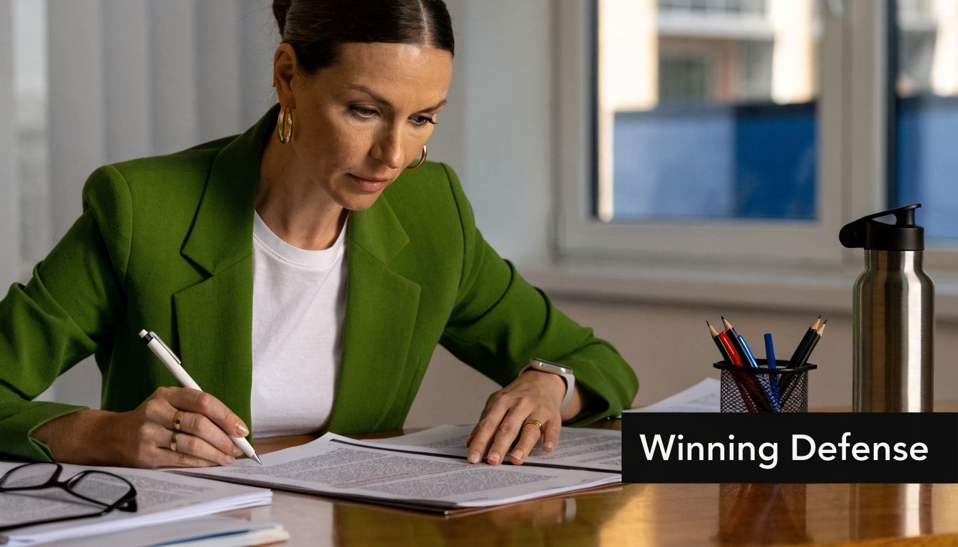 A professional woman in a green blazer reviewing legal documents at her desk in an office.