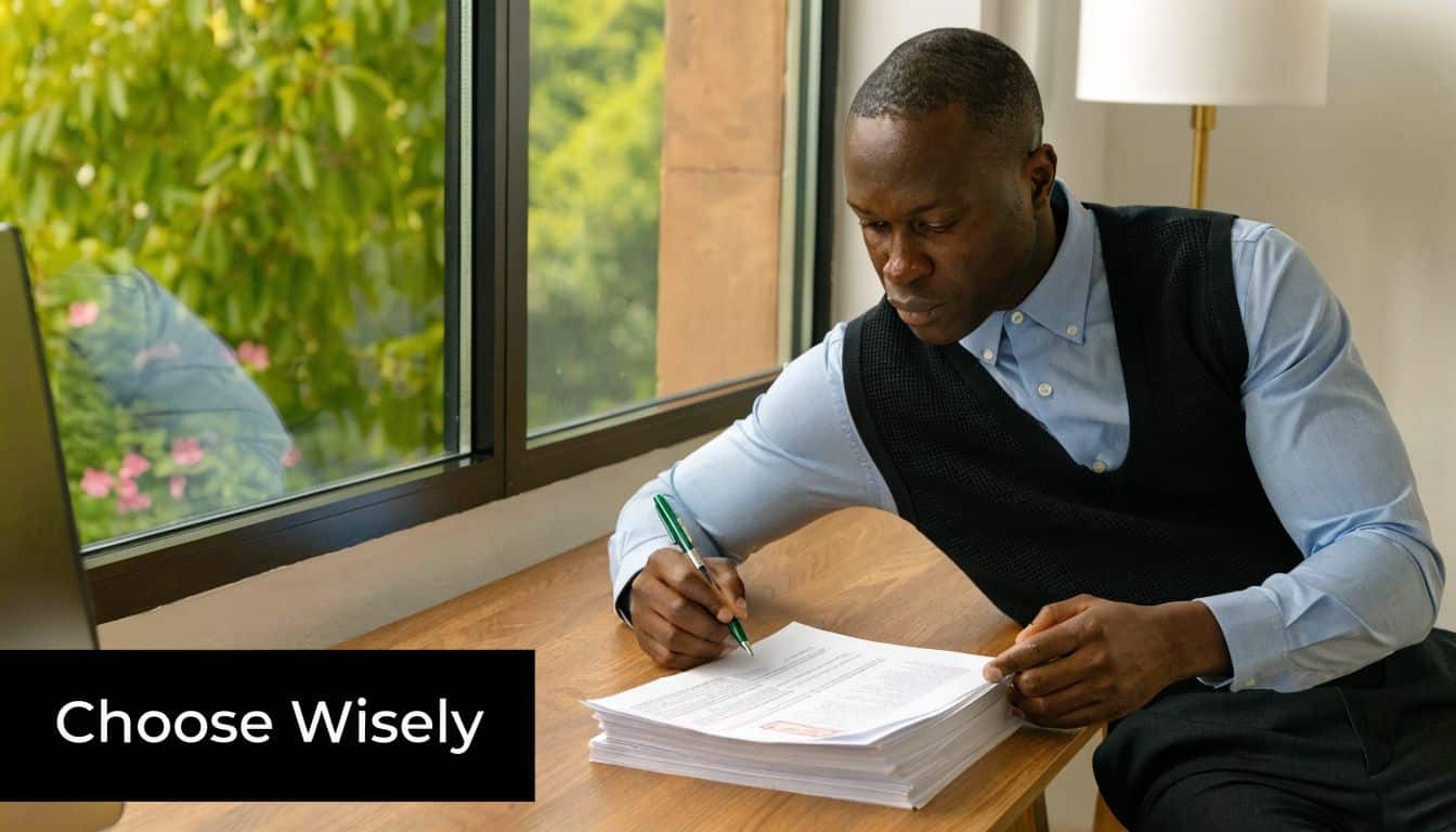 A professional man sits at a wooden desk signing legal documents near a large window.