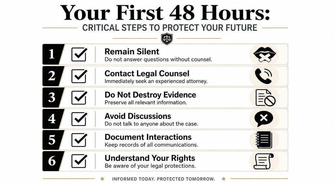 A checklist titled Your First 48 Hours, outlining essential legal steps for protecting one's future during investigations.