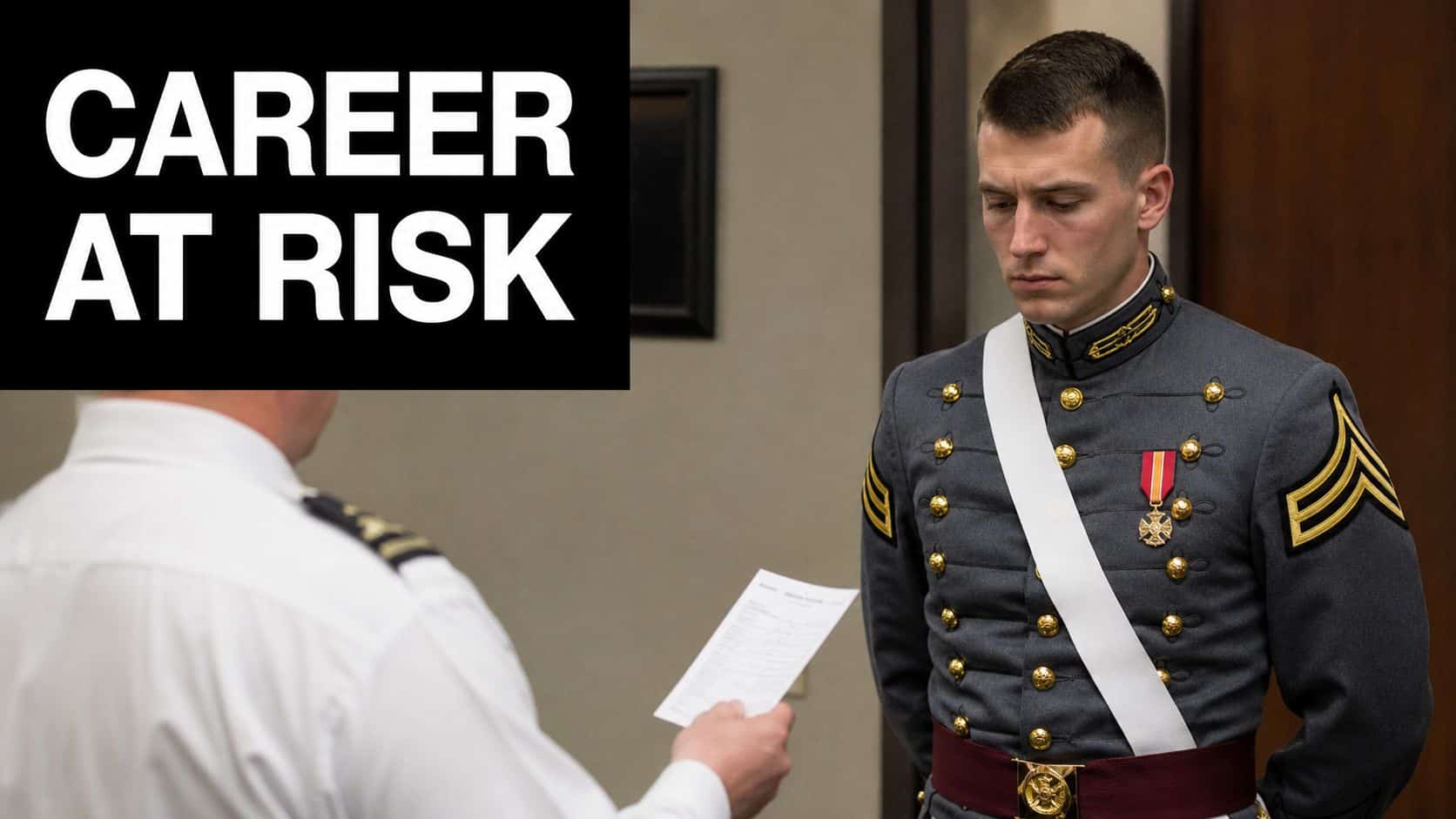 A military cadet stands with head bowed while receiving official documentation from an officer in uniform.
