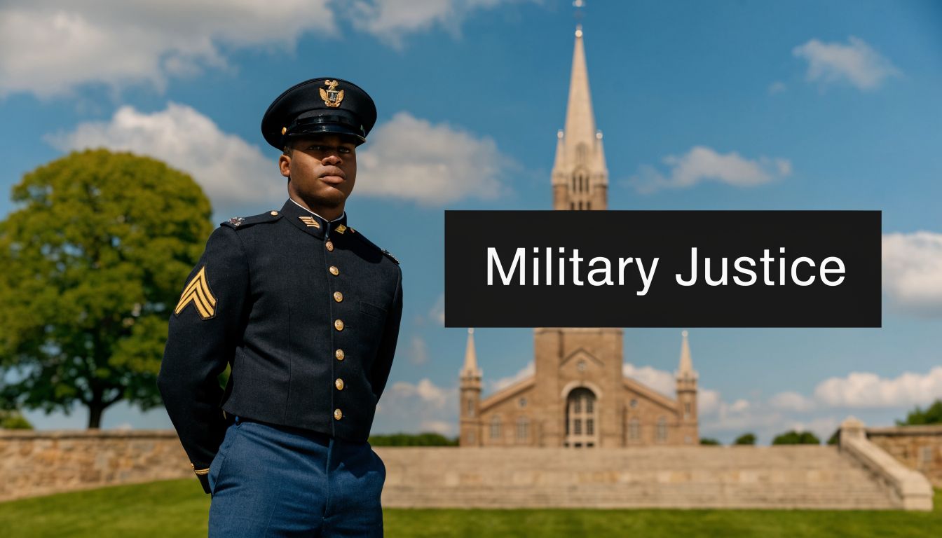 A soldier in formal dress uniform standing outdoors in front of a church with a digital overlay.