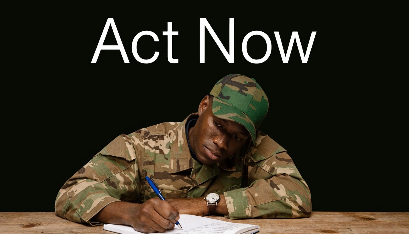 A focused soldier in camouflage uniform writing in a notebook against a plain black background.