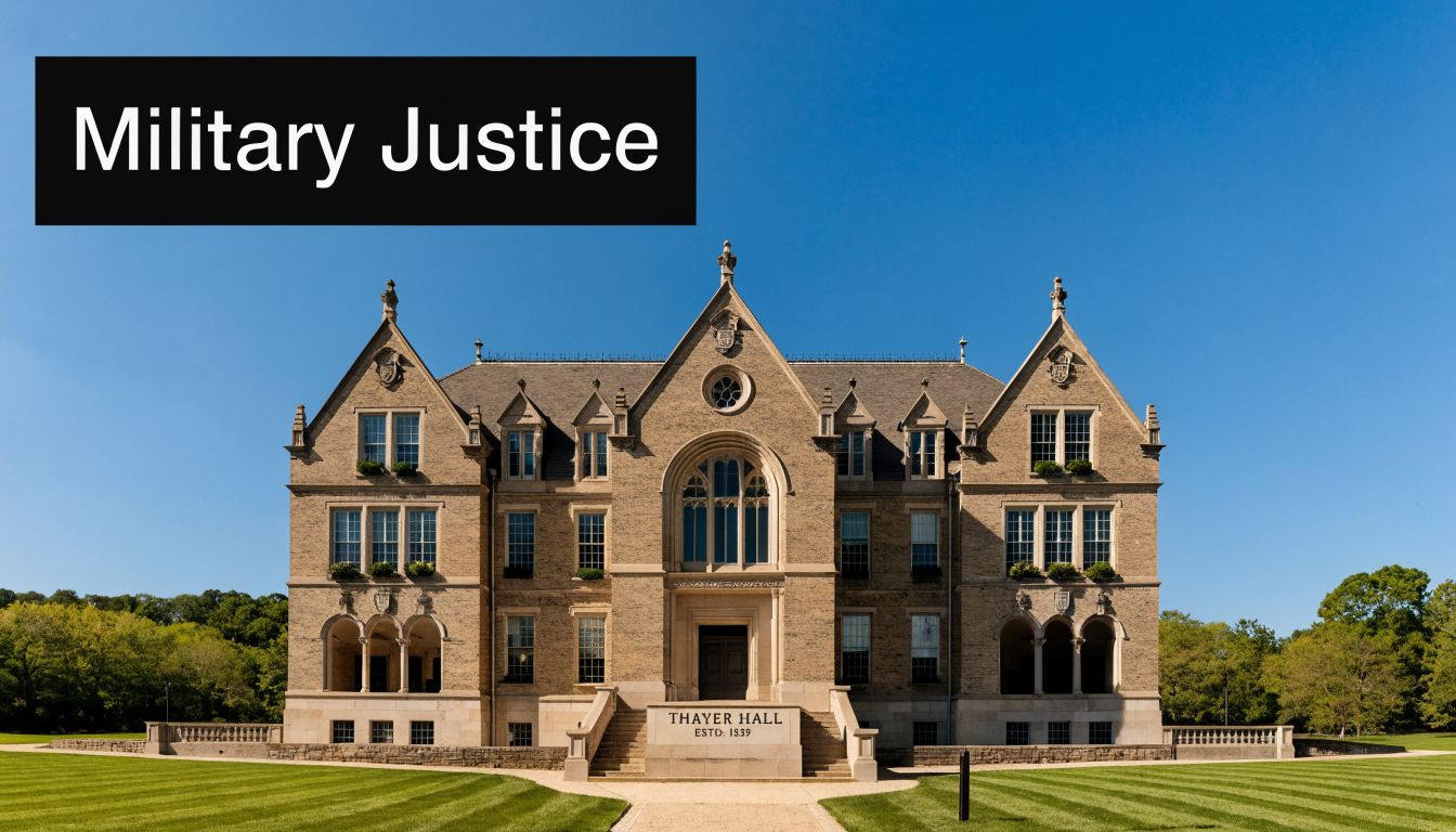 Thayer Hall at West Point on a sunny day with a prominent Military Justice sign above.