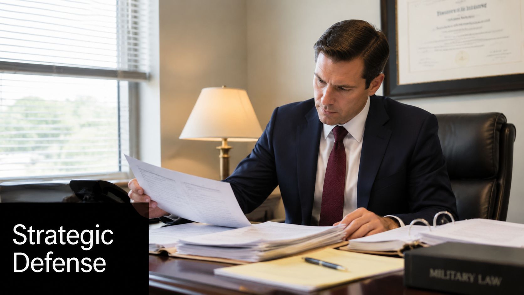 Fort Bliss Military Defense Lawyers: A Survival Guide 2 A focused military attorney in a suit reviewing legal documents at his desk in an office.