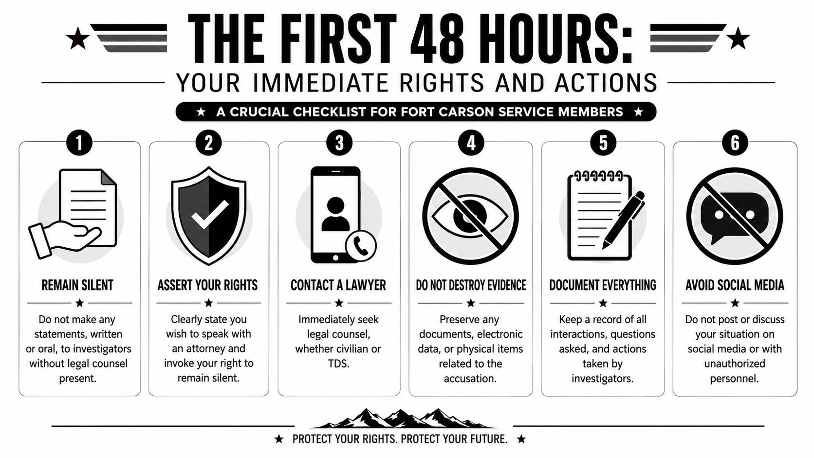 Fort Carson Military Defense Lawyers: A Survival Guide 1 A safety checklist for Fort Carson service members outlining legal rights and steps to take immediately.