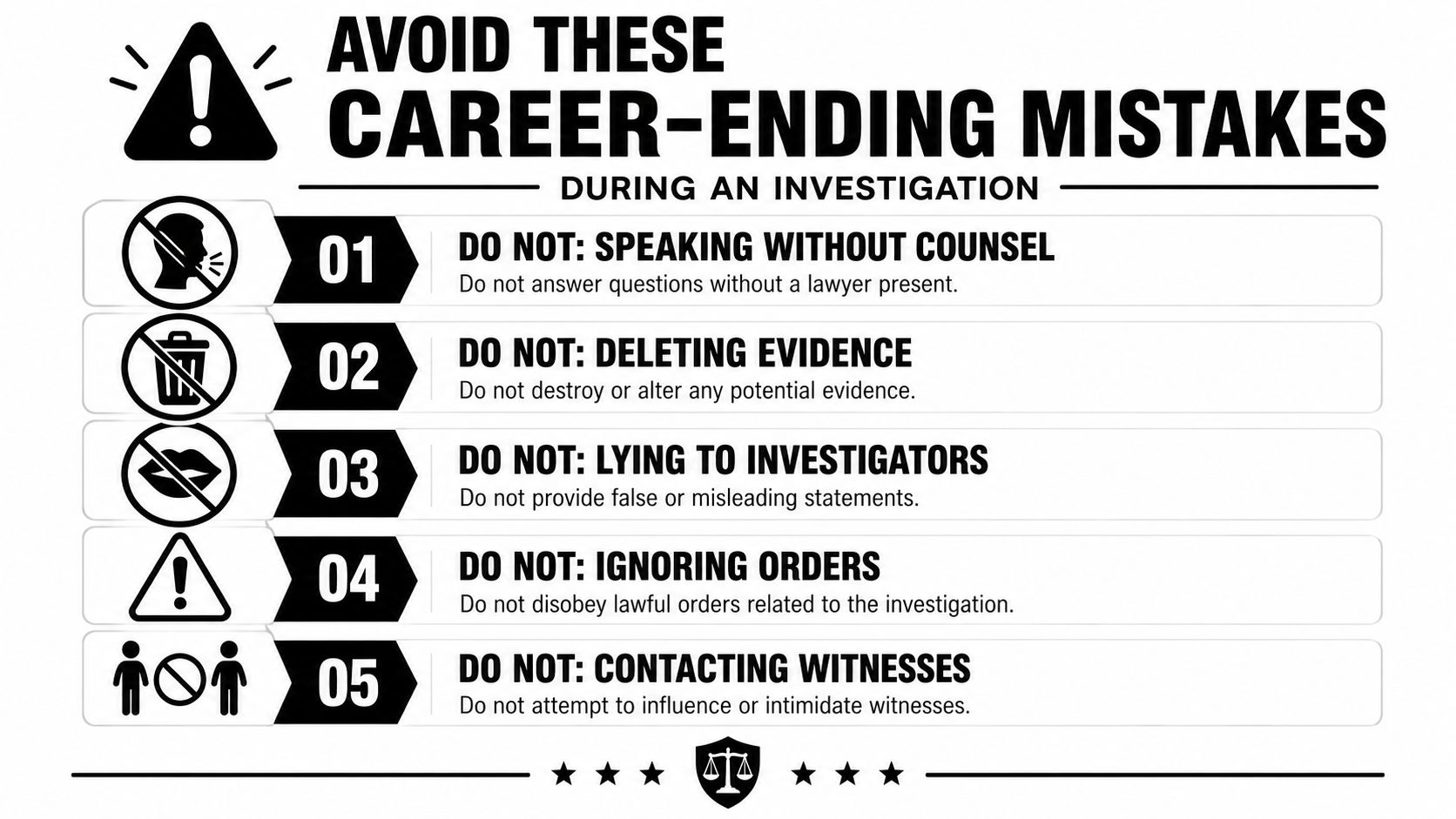 Fort Knox Military Defense Lawyers: Your 2026 Legal Shield 2 A list of five career-ending mistakes to avoid during a professional or legal investigation.