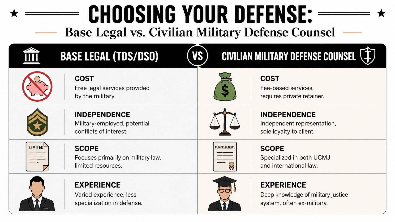 Germany Military Defense Lawyers: A UCMJ Guide for 2026 2 A comparison chart outlining differences between base legal military counsel and private civilian military defense lawyers.