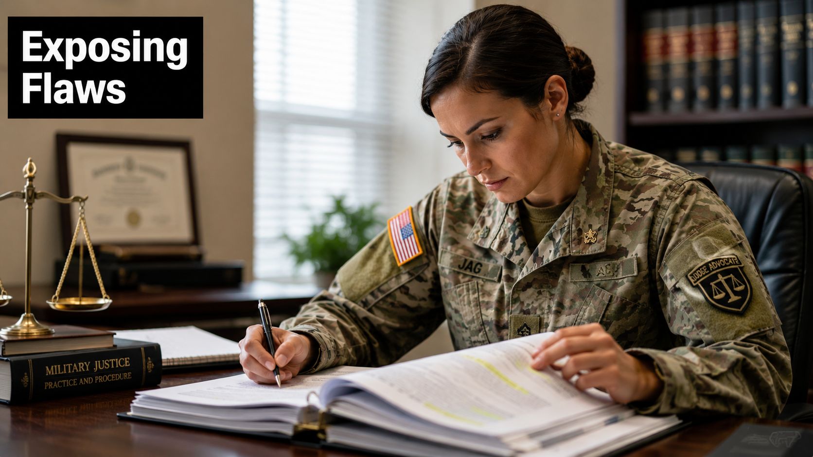 Germany Military Defense Lawyers: A UCMJ Guide for 2026 3 A female military lawyer in uniform reviewing legal documents at her desk in an office.