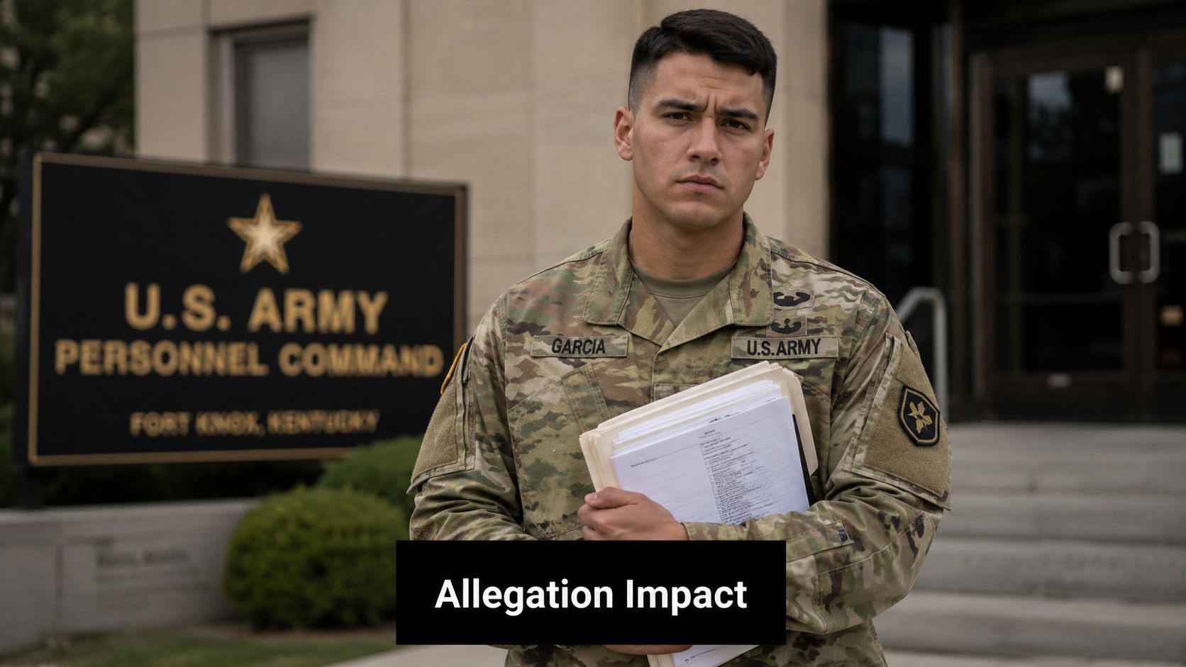 How to Choose a Civilian Military Defense Lawyer for Article 120 Charges 1 A US Army soldier standing outside the Personnel Command building holding documents during a professional situation.