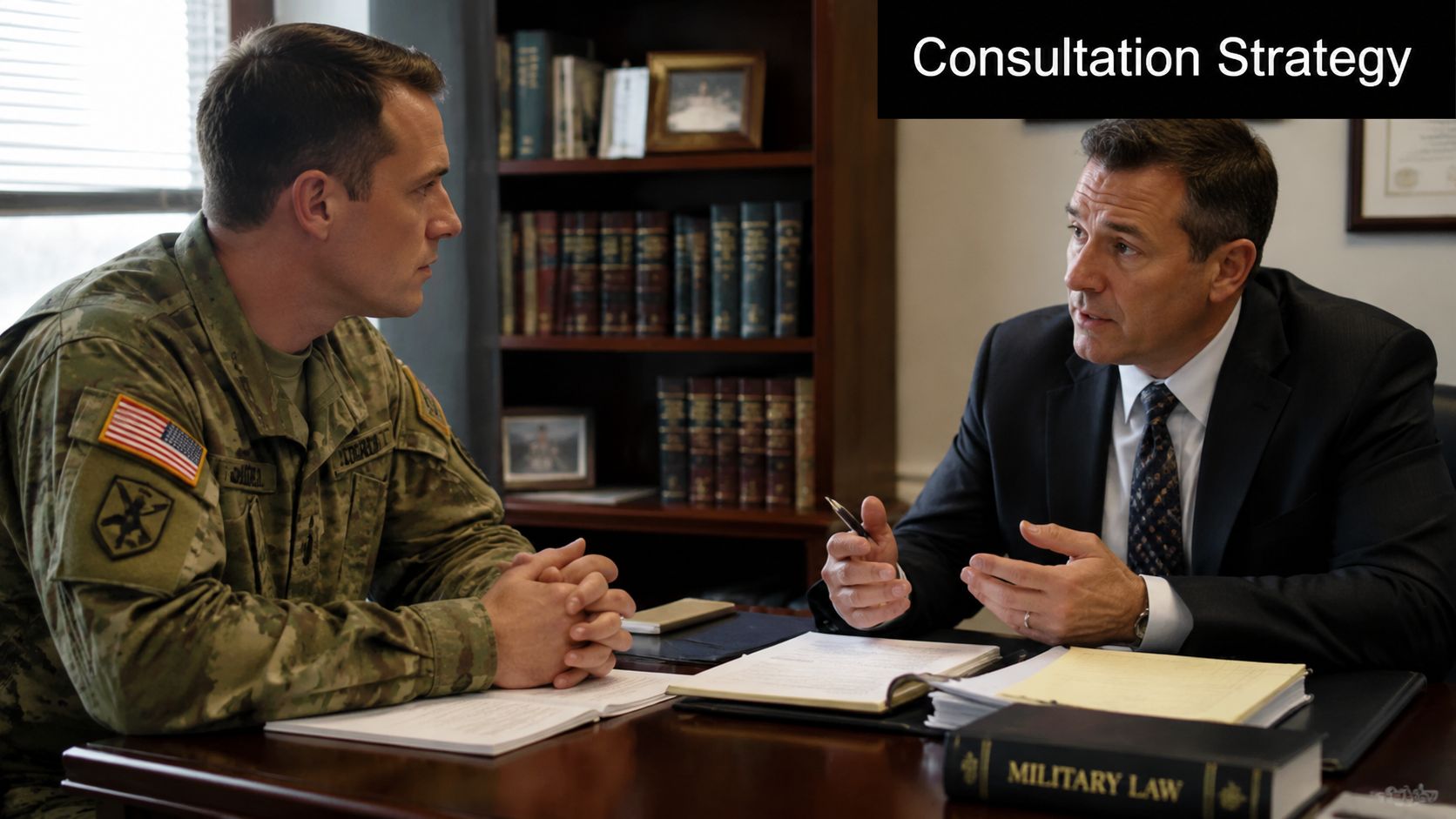 How to Choose a Civilian Military Defense Lawyer for Article 120 Charges 2 A soldier in uniform having a consultation with a civilian military defense attorney at a desk.