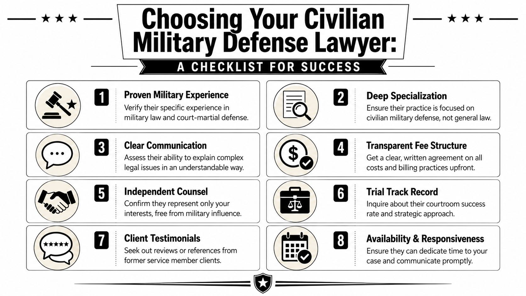 An infographic checklist for selecting a civilian military defense lawyer, detailing eight essential criteria for success.