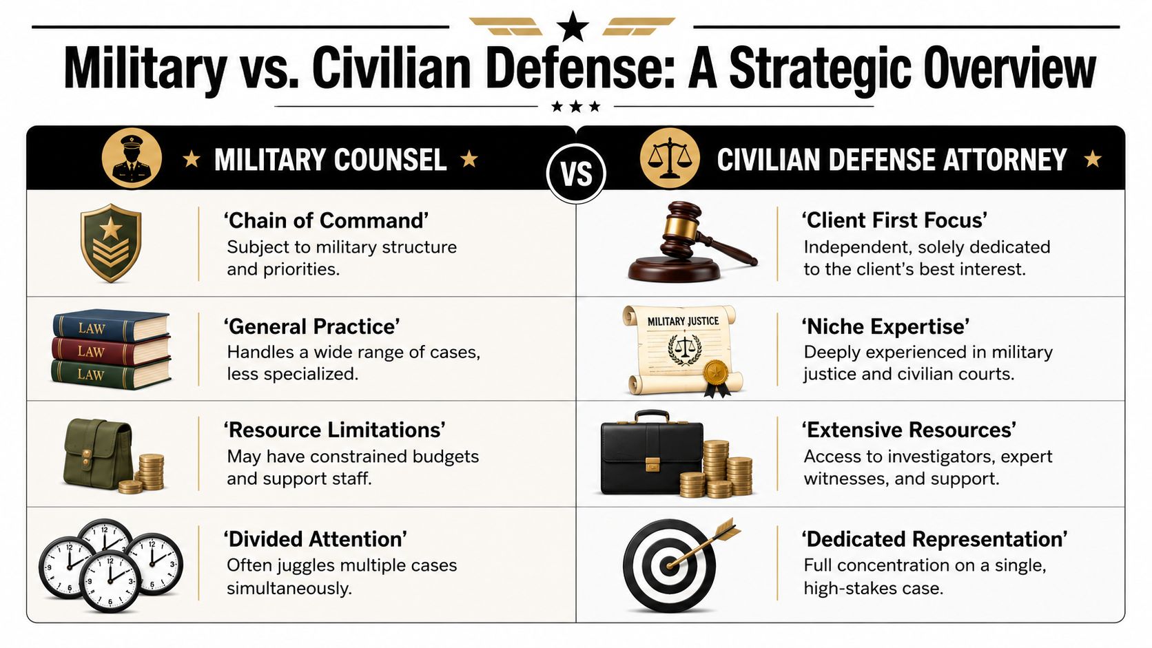 A comparison chart outlining the key differences between military counsel and civilian defense attorneys in legal proceedings.