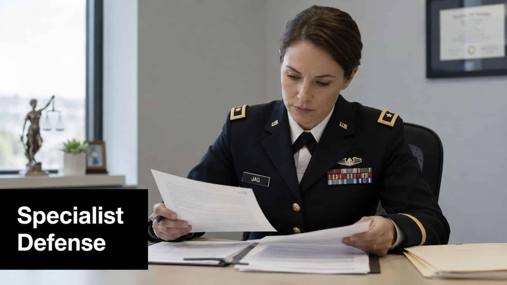 Military Defense Lawyers Edwards Air Force Base CA 12 A female military JAG officer reviewing legal documents at her desk in a professional office setting.