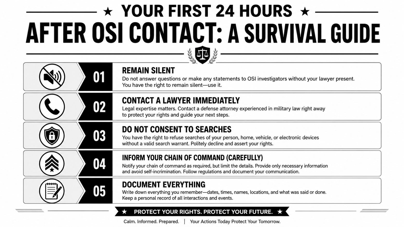 Military Defense Lawyers Edwards Air Force Base CA 10 An informative graphic outlining five essential steps to take if contacted by OSI military investigators.