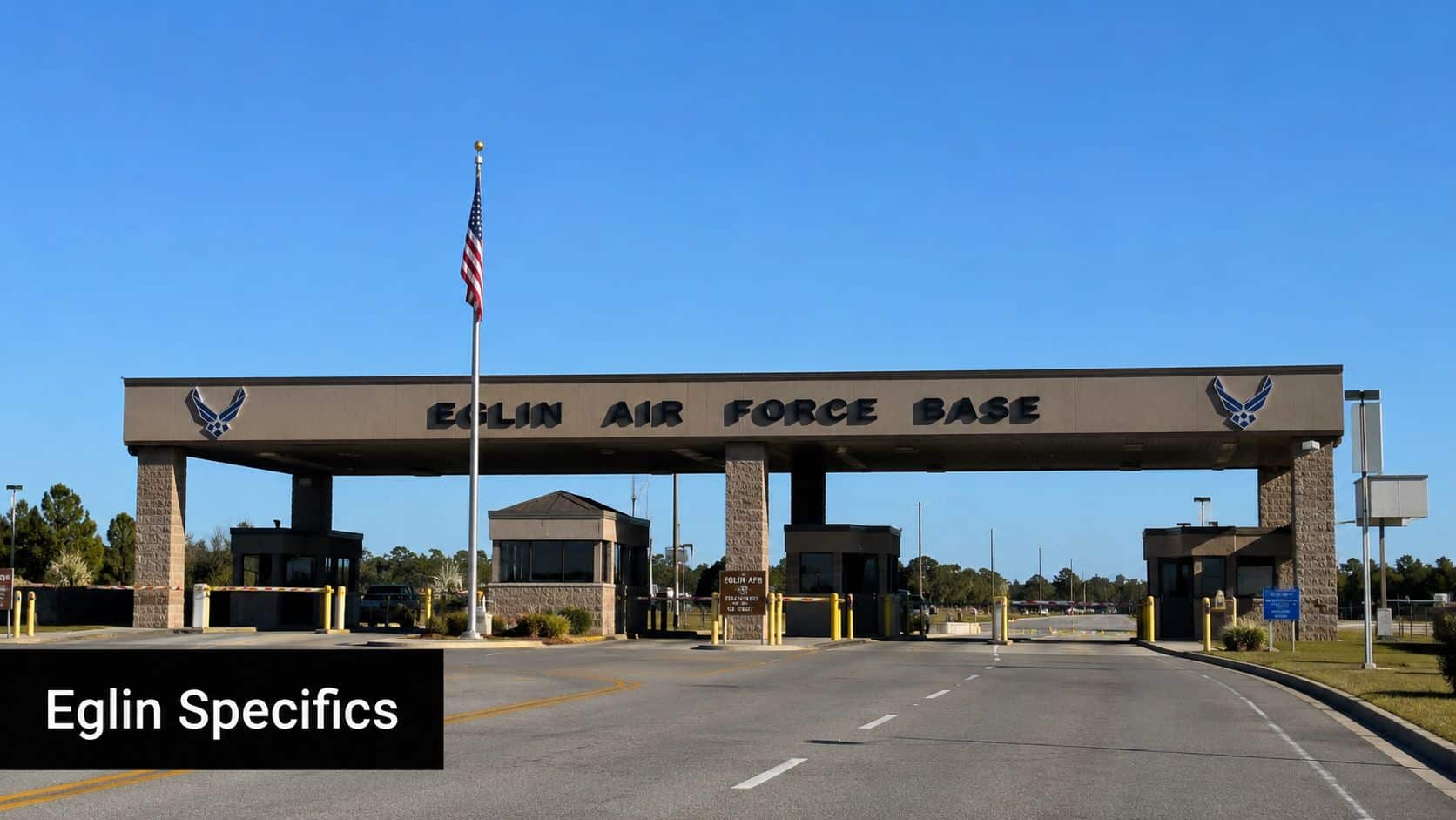 Military Defense Lawyers Eglin Air Force Base FL: Your Guide 20 The main entrance gate to Eglin Air Force Base featuring the U.S. flag and iconic military signage.