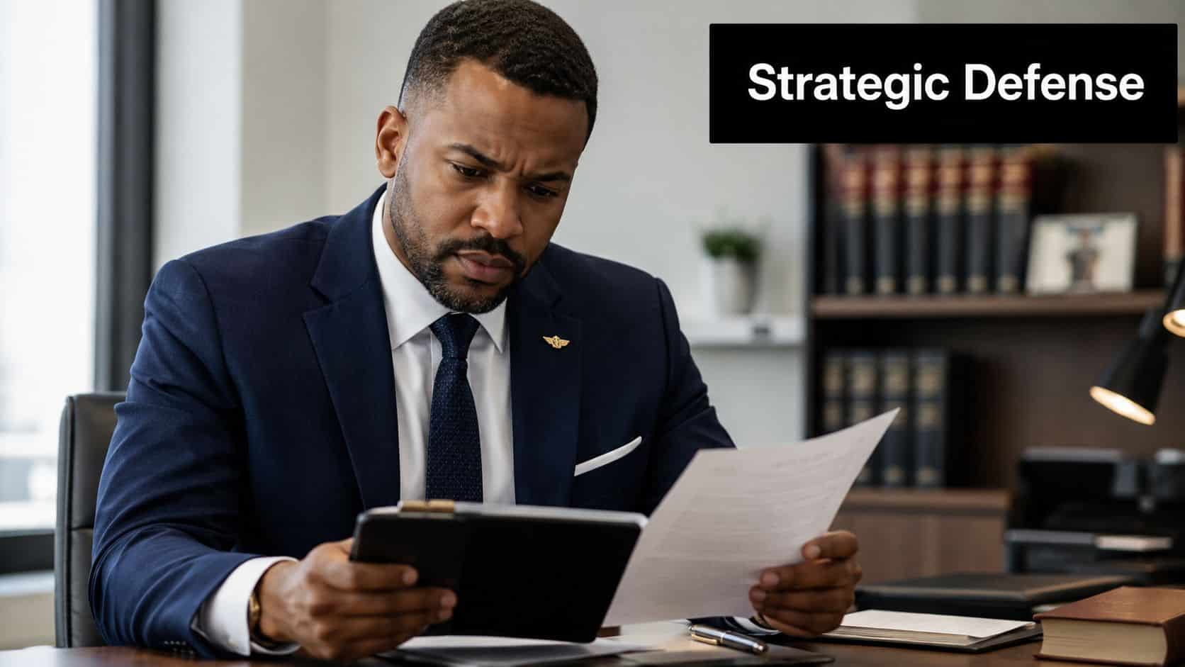 Military Defense Lawyers Eglin Air Force Base FL: Your Guide 18 A professional military defense lawyer reviewing documents and a tablet in his office at Eglin Air Force Base.