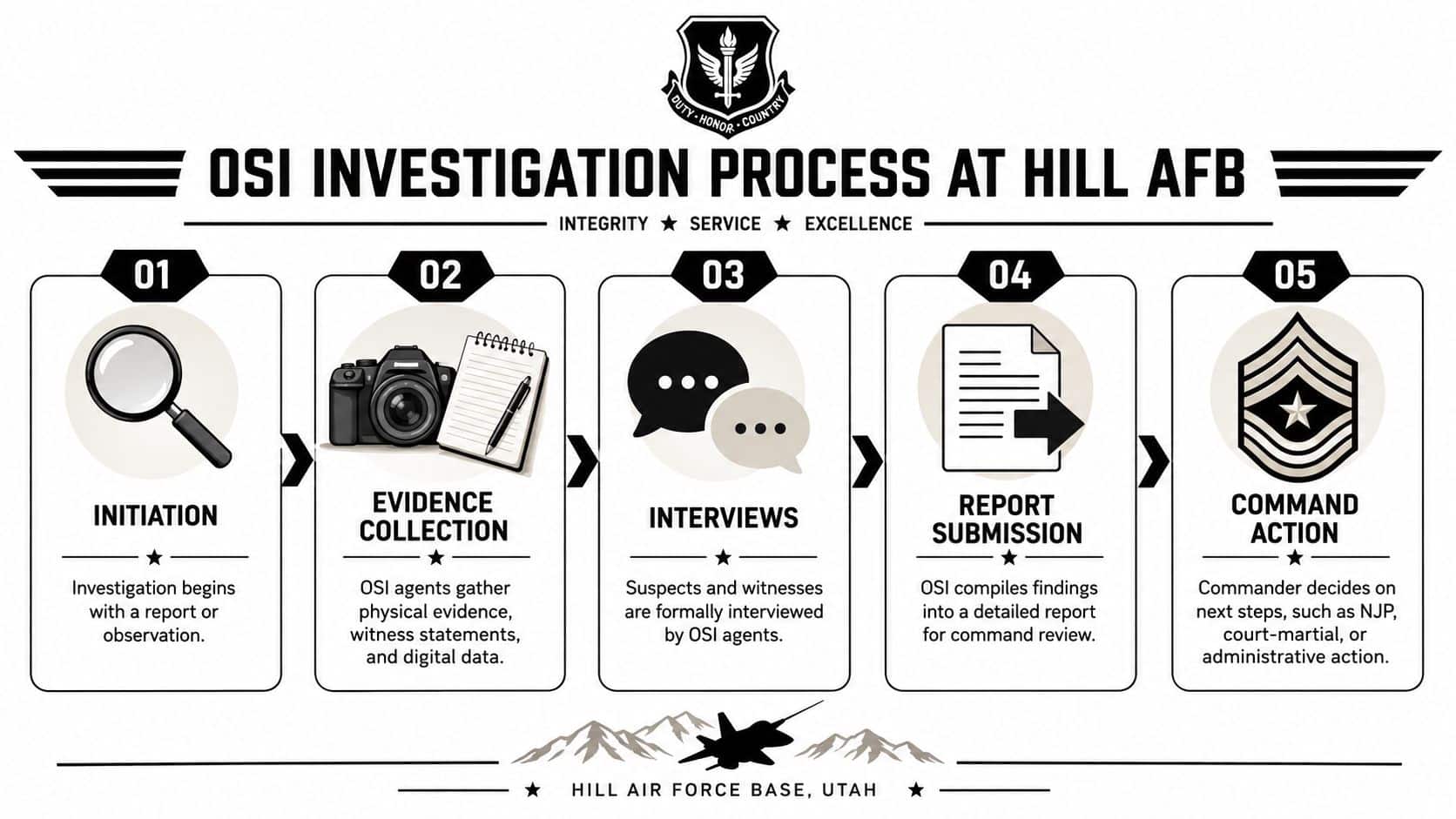 Military Defense Lawyers Hill Air Force Base UT 2 A flow chart illustrating the five-step OSI investigation process used at Hill Air Force Base.