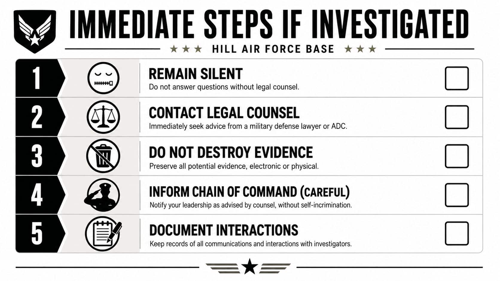 Military Defense Lawyers Hill Air Force Base UT 3 An infographic titled Immediate Steps if Investigated, listing five essential actions for Air Force personnel under investigation.