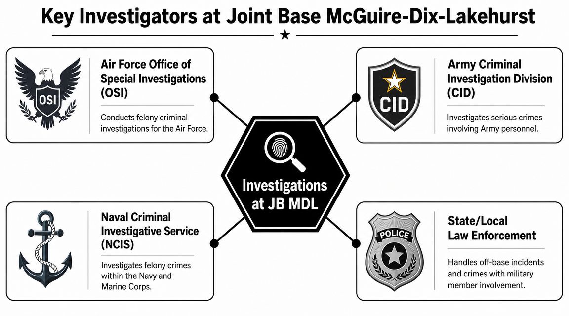 Military Defense Lawyers Joint Base McGuire-Dix-Lakehurst NJ 34 A diagram outlining the four primary investigative agencies serving the Joint Base McGuire-Dix-Lakehurst military installation.