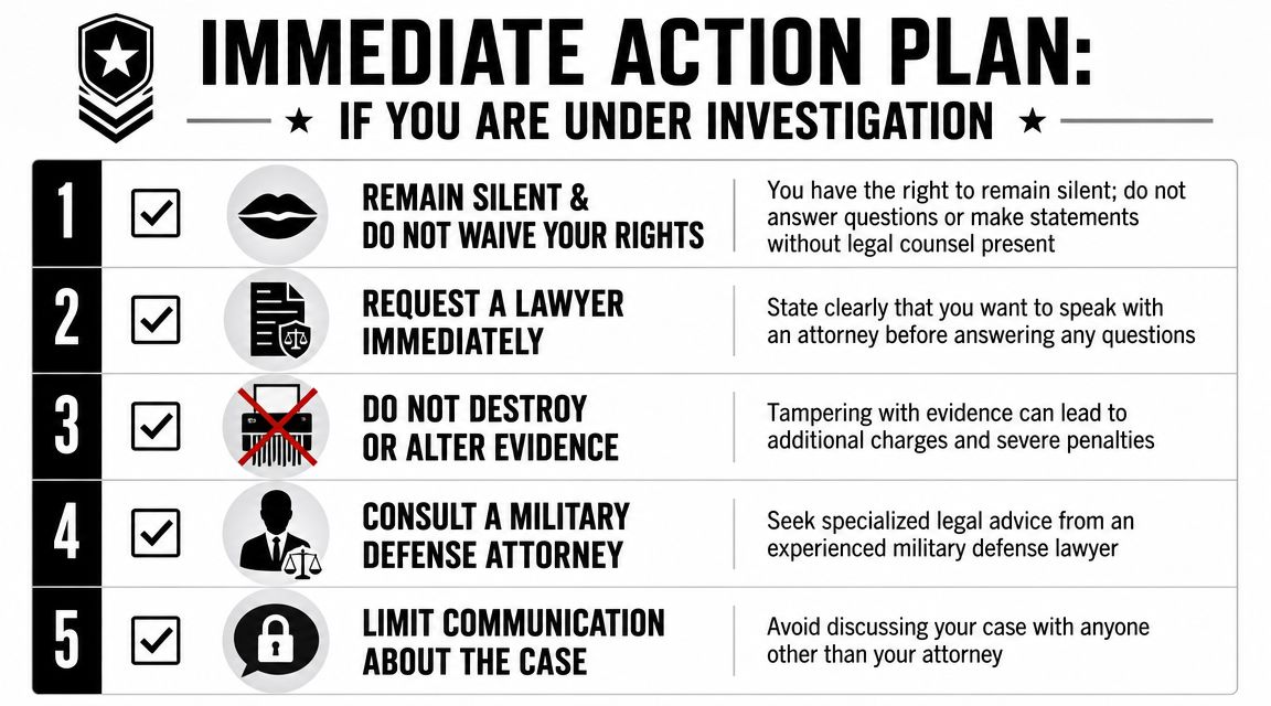 Military Defense Lawyers Joint Base McGuire-Dix-Lakehurst NJ 35 An infographic titled Immediate Action Plan for military personnel currently under criminal investigation or legal scrutiny.