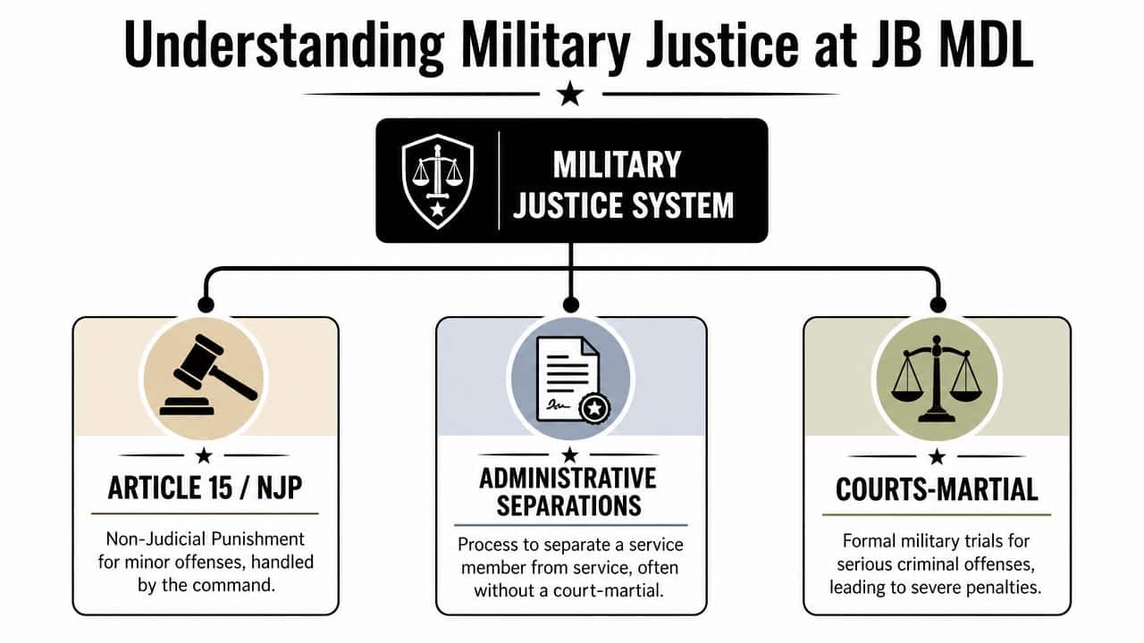 Military Defense Lawyers Joint Base McGuire-Dix-Lakehurst NJ 33 An infographic showing the three main components of the military justice system at Joint Base McGuire-Dix-Lakehurst.