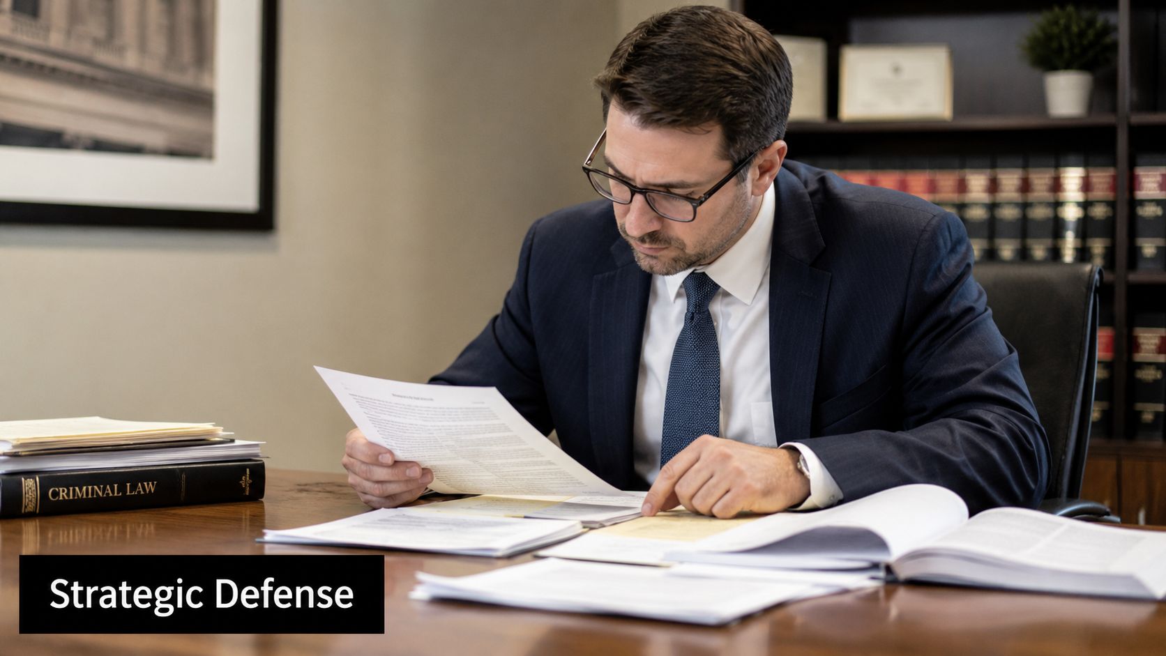 Military Defense Lawyers Marine Corps Air Station Miramar CA 3 A professional attorney in a suit reviews legal documents at his desk in a law office.
