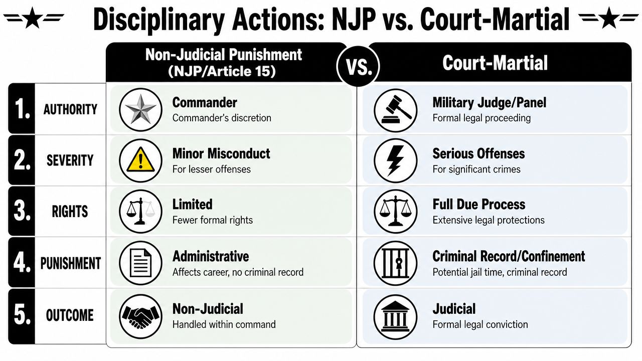 Military Defense Lawyers Marine Corps Air Station Miramar CA 2 A comparison chart outlining the differences between Non-Judicial Punishment and Court-Martial in military disciplinary proceedings.