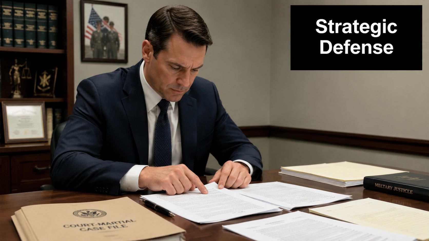 Military Defense Lawyers Marine Corps Base Camp Lejeune NC 4 A professional military defense attorney reviewing legal documents in a formal office setting for a court-martial case.